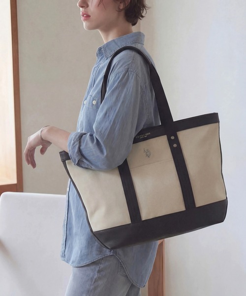 U.S. POLO ASSN.（ユーエスポロアッスン）の「【U.S. POLO ASSN.】≪別注≫ キャンバストートバッグ PC A4サイズ収納可能 ビジネスバッグ 通勤 通学（トートバッグ・レディース・ブラック/オフホワイト/グレー・FREE）」の2枚目の写真