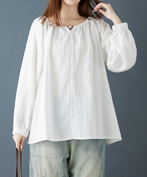 ONEP STAR(ワンピスター)の「ギャザーネックシャーリングブラウス(シャツ/ブラウス・レディース・ライム/ホワイト・MEDIUM/LARGE/X-LARGE)」の2枚目の写真