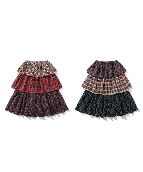 HOOK(フック)の「HOOK for girls -original- チェック柄切り替え被せ段々ロングスカート セットアップ可能(スカート・レディース・ネイビー/レッド・FREE)」の4枚目の写真