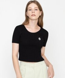GRAVER（グレーバー）の「DRAWING SMILE EMBROIDERED CROPPED SHORT SLEEVE KNIT TOP_BLACK（ニット/セーター）」
