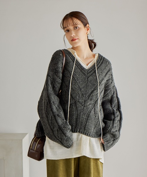 セール】3ゲージVネックケーブルニットプルオーバー（ニット/セーター