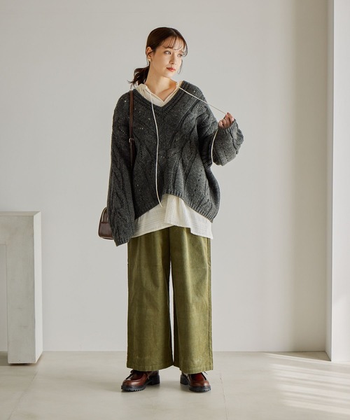 セール】3ゲージVネックケーブルニットプルオーバー（ニット/セーター