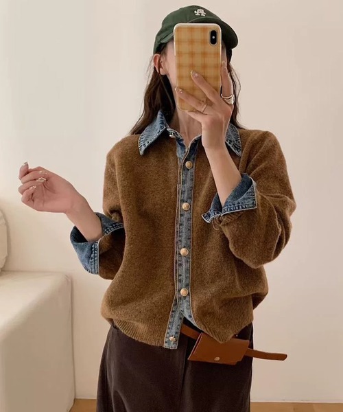 shopnikoniko(ショップニコニコ)の「デニムドッキング ニットカーディガン(カーディガン/ボレロ・レディース・ダークグレー/ライトグレー/ブラウン/ネイビー・フリー)」の1枚目の写真