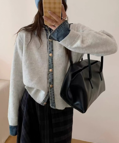 shopnikoniko(ショップニコニコ)の「デニムドッキング ニットカーディガン(カーディガン/ボレロ・レディース・ダークグレー/ライトグレー/ブラウン/ネイビー・フリー)」の2枚目の写真