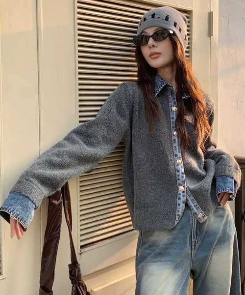 shopnikoniko(ショップニコニコ)の「デニムドッキング ニットカーディガン(カーディガン/ボレロ・レディース・ダークグレー/ライトグレー/ブラウン/ネイビー・フリー)」の3枚目の写真