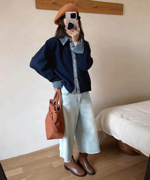 shopnikoniko(ショップニコニコ)の「デニムドッキング ニットカーディガン(カーディガン/ボレロ・レディース・ダークグレー/ライトグレー/ブラウン/ネイビー・フリー)」の6枚目の写真