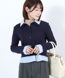 Salong hameu | フェイクレイヤード シャツドッキング リブトップス レディース 韓国風 カーディガン風トップス(シャツ/ブラウス)