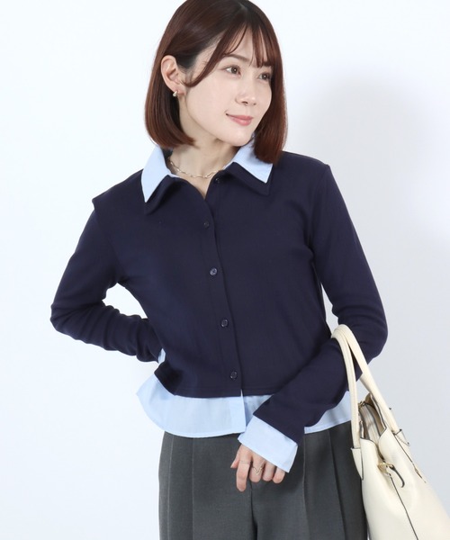 Salong hameu(サロン ハミュー)の「フェイクレイヤード シャツドッキング リブトップス レディース 韓国風 カーディガン風トップス(シャツ/ブラウス・レディース・ネイビー/チャコールグレー/グレー・M/L)」の19枚目の写真
