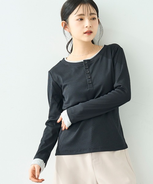 mil(ミル)の「配色カラー レイヤード風 ヘンリーネック ロンT【586127】(Tシャツ/カットソー・レディース・オフホワイト/グレー/ブラック・XS/S)」の4枚目の写真