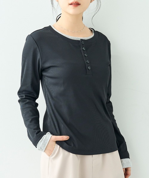 mil(ミル)の「配色カラー レイヤード風 ヘンリーネック ロンT【586127】(Tシャツ/カットソー・レディース・オフホワイト/グレー/ブラック・XS/S)」の7枚目の写真