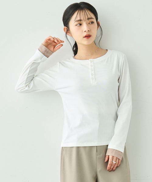 mil(ミル)の「配色カラー レイヤード風 ヘンリーネック ロンT【586127】(Tシャツ/カットソー・レディース・オフホワイト/グレー/ブラック・XS/S)」の13枚目の写真