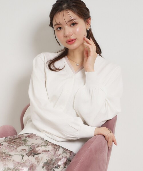 couture brooch（クチュールブローチ）の「シアードッキングカーディガン（カーディガン/ボレロ・レディース・ダークグレー/オフホワイト/ライトグレー・38）」の5枚目の写真