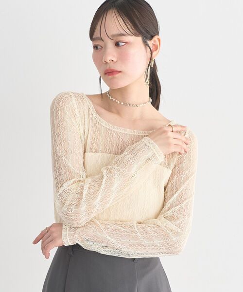 earth music&ecology(アースミュージックアンドエコロジー)の「レースドッキングボートネックプルオーバー(Tシャツ/カットソー・レディース・ブラック/ホワイト系その他2/オフホワイト・FREE)」の1枚目の写真