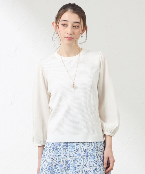 amaca(アマカ)の「異素材コンビニット(Tシャツ/カットソー・レディース・オフホワイト/ダークネイビー/ピンク・40/38)」の2枚目の写真