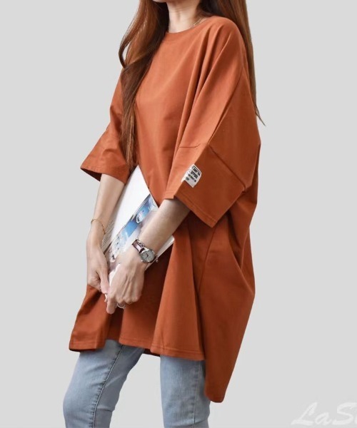 mielu(ミエル)の「《デイリーで使える大人カジュアルの定番♪》オーバーサイズ半袖Tシャツ 夏(Tシャツ/カットソー・レディース・カーキ/ブラック/オレンジ/ダークグレー・FREE)」の4枚目の写真