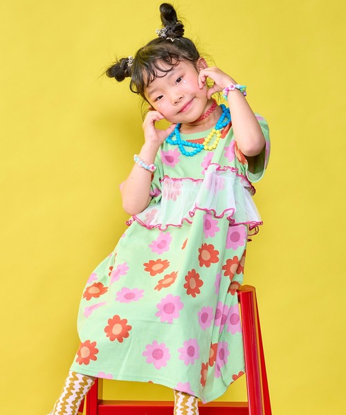 MARKEY'S(マーキーズ)の「【Natsumiコラボ】花柄プリントチュールワンピース(ワンピース・キッズ・グリーン/グレー・130/120/110/100/95/90/80)」の4枚目の写真