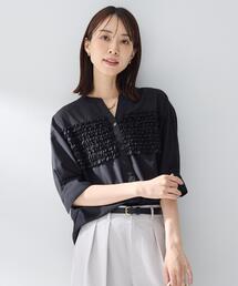 セール】【洗える/日本製】袖シャーリングボウタイ風ブラウス（シャツ