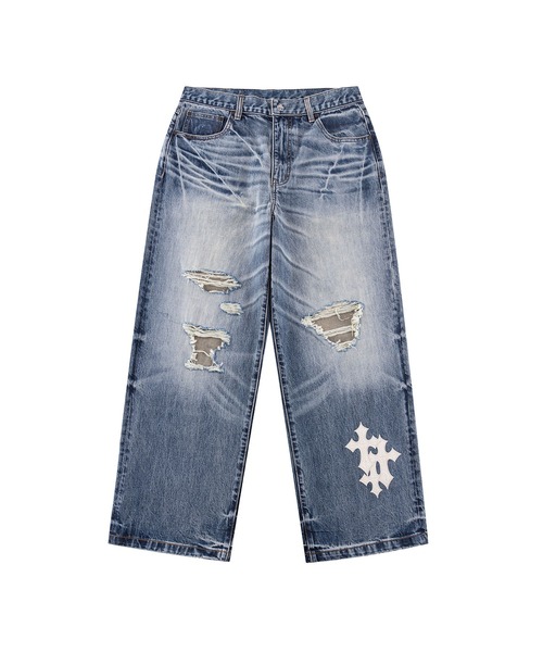 SUPPLIER(サプライヤー)の「デニムパンツ|Multiple Cross Leather Patch Baggy Denim|SUPPLIER(デニムパンツ・メンズ・ブラック/インディゴブルー・X-LARGE/LARGE/MEDIUM/SMALL)」の2枚目の写真