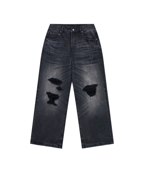 SUPPLIER(サプライヤー)の「デニムパンツ|Multiple Cross Leather Patch Baggy Denim|SUPPLIER(デニムパンツ・メンズ・ブラック/インディゴブルー・X-LARGE/LARGE/MEDIUM/SMALL)」の1枚目の写真