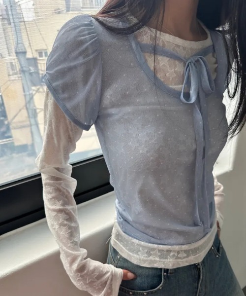 Vipoa(ヴィポア)の「Dot sheer puff tops(Tシャツ/カットソー・レディース・ブラック/アイボリー/ブルー・FREE)」の5枚目の写真