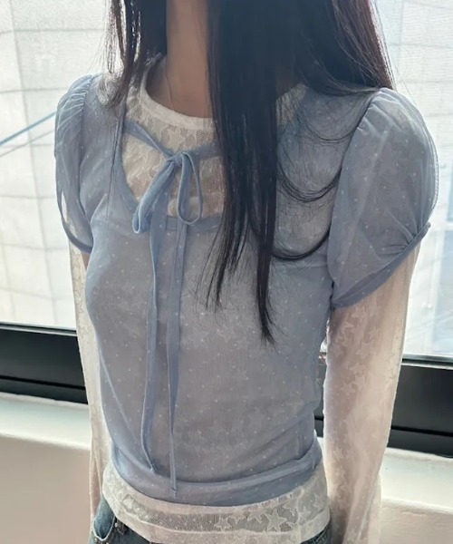 Vipoa(ヴィポア)の「Dot sheer puff tops(Tシャツ/カットソー・レディース・ブラック/アイボリー/ブルー・FREE)」の6枚目の写真