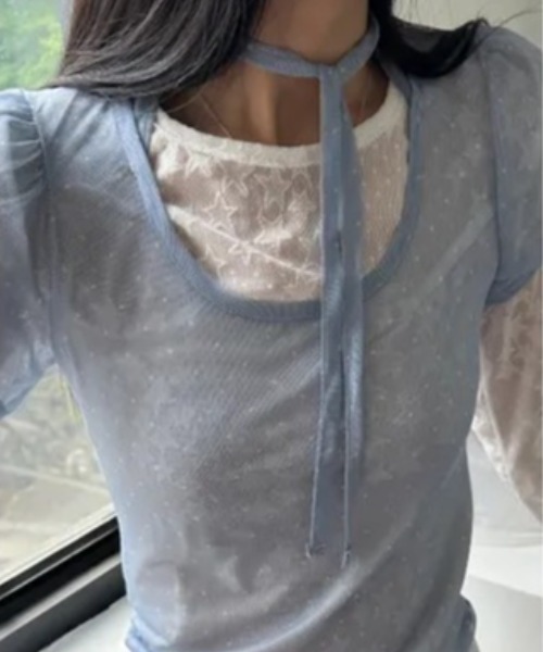 Vipoa(ヴィポア)の「Dot sheer puff tops(Tシャツ/カットソー・レディース・ブラック/アイボリー/ブルー・FREE)」の7枚目の写真