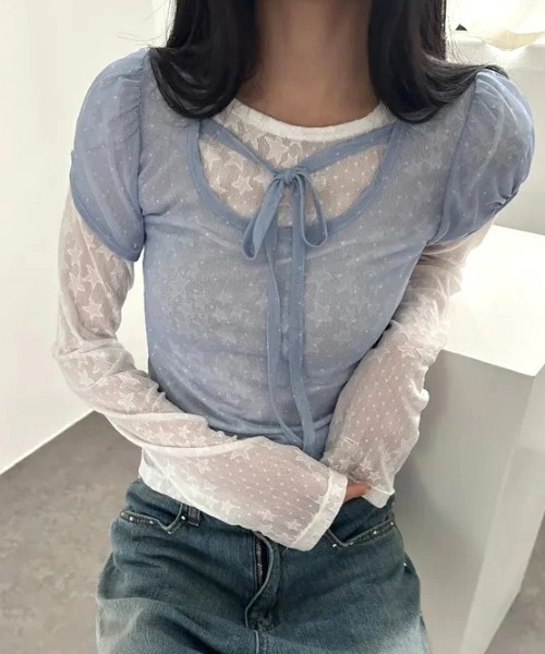 Vipoa(ヴィポア)の「Dot sheer puff tops(Tシャツ/カットソー・レディース・ブラック/アイボリー/ブルー・FREE)」の4枚目の写真