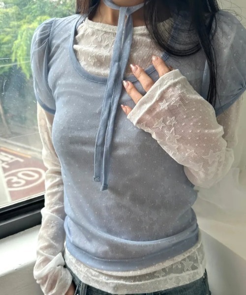 Vipoa(ヴィポア)の「Dot sheer puff tops(Tシャツ/カットソー・レディース・ブラック/アイボリー/ブルー・FREE)」の16枚目の写真