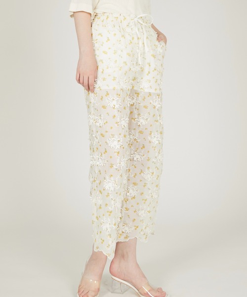 Spick and Spanホワイト花柄刺繍 シースルー綿パンツcrinkle crinkle crinkle crinkle】sheer flower easy pants/シアーフラワー