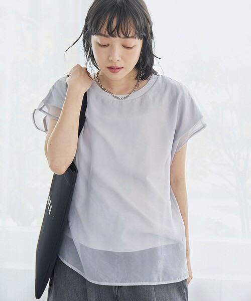 coen(コーエン)の「チビロゴ刺繍 オーガンジーシアーオーバーフレンチスリーブカットソー(Tシャツ/カットソー・レディース・オフホワイト/ベージュ/ライトブルー・M/L)」の3枚目の写真