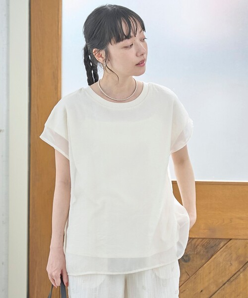 coen(コーエン)の「チビロゴ刺繍 オーガンジーシアーオーバーフレンチスリーブカットソー(Tシャツ/カットソー・レディース・オフホワイト/ベージュ/ライトブルー・M/L)」の5枚目の写真