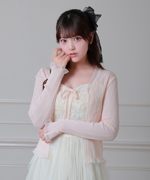 Anely(アネリー)の「フロント リボン フリル リブ カーディガン(カーディガン/ボレロ・レディース・ミント/ピンク/ホワイト・FREE)」の1枚目の写真