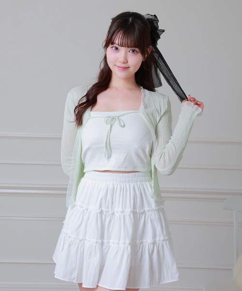 Anely(アネリー)の「フロント リボン フリル リブ カーディガン(カーディガン/ボレロ・レディース・ミント/ピンク/ホワイト・FREE)」の3枚目の写真