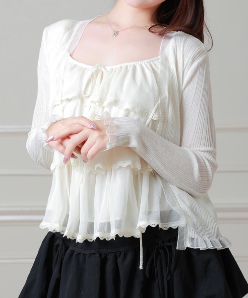 Anely(アネリー)の「フロント リボン フリル リブ カーディガン(カーディガン/ボレロ・レディース・ミント/ピンク/ホワイト・FREE)」の13枚目の写真