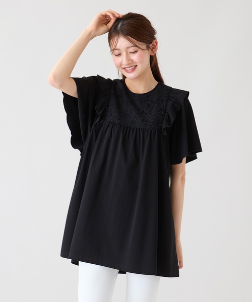 Rose Tiara(ローズティアラ)の「ヨークレース切替カットソー(Tシャツ/カットソー・レディース・オフホワイト/ブラック/グリーン・46/42)」の2枚目の写真