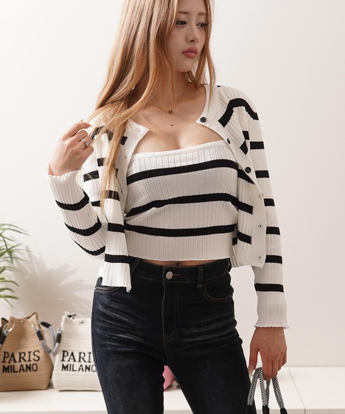1111clothing(ワンフォークロージング)の「ボーダー キャミソール&カーディガン セット / Striped Camisole & Cardigan Set(カーディガン/ボレロ・レディース・ブラック/ベージュ/ホワイト・FREE)」の2枚目の写真
