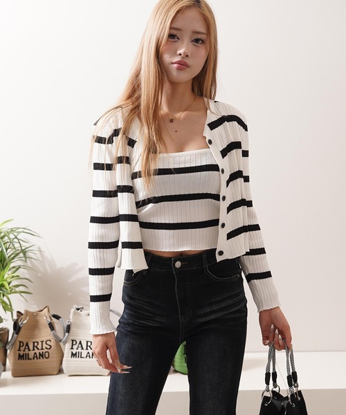 1111clothing(ワンフォークロージング)の「ボーダー キャミソール&カーディガン セット / Striped Camisole & Cardigan Set(カーディガン/ボレロ・レディース・ブラック/ベージュ/ホワイト・FREE)」の7枚目の写真