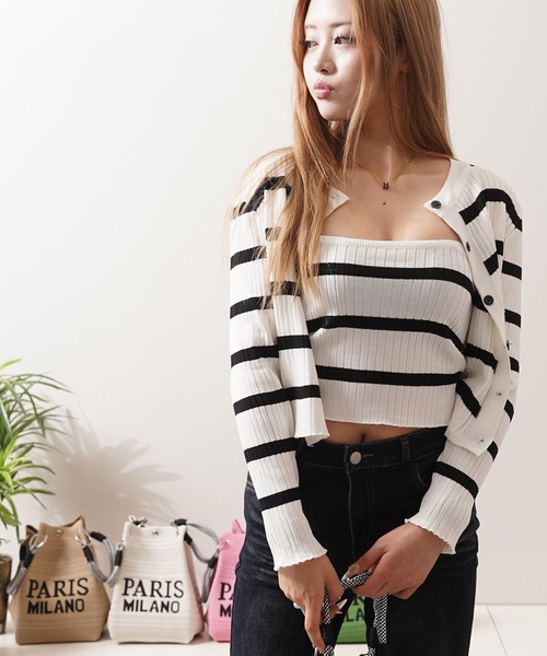 1111clothing(ワンフォークロージング)の「ボーダー キャミソール&カーディガン セット / Striped Camisole & Cardigan Set(カーディガン/ボレロ・レディース・ブラック/ベージュ/ホワイト・FREE)」の8枚目の写真