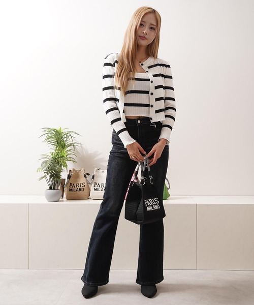 1111clothing(ワンフォークロージング)の「ボーダー キャミソール&カーディガン セット / Striped Camisole & Cardigan Set(カーディガン/ボレロ・レディース・ブラック/ベージュ/ホワイト・FREE)」の9枚目の写真