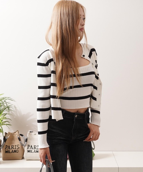 1111clothing(ワンフォークロージング)の「ボーダー キャミソール&カーディガン セット / Striped Camisole & Cardigan Set(カーディガン/ボレロ・レディース・ブラック/ベージュ/ホワイト・FREE)」の11枚目の写真