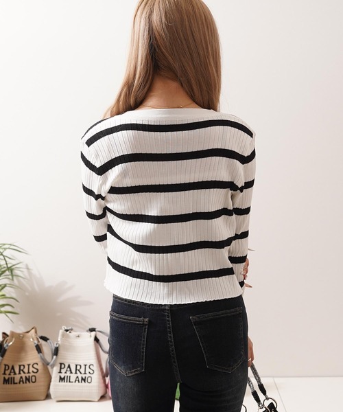 1111clothing(ワンフォークロージング)の「ボーダー キャミソール&カーディガン セット / Striped Camisole & Cardigan Set(カーディガン/ボレロ・レディース・ブラック/ベージュ/ホワイト・FREE)」の12枚目の写真