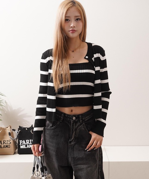 1111clothing(ワンフォークロージング)の「ボーダー キャミソール&カーディガン セット / Striped Camisole & Cardigan Set(カーディガン/ボレロ・レディース・ブラック/ベージュ/ホワイト・FREE)」の15枚目の写真