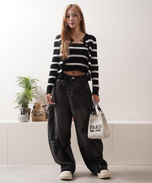 1111clothing(ワンフォークロージング)の「ボーダー キャミソール&カーディガン セット / Striped Camisole & Cardigan Set(カーディガン/ボレロ・レディース・ブラック/ベージュ/ホワイト・FREE)」の17枚目の写真