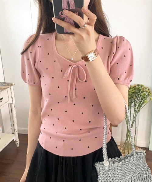 MILAE（ミレ）の「ドット柄スクエアネックフロントリボン半袖サマーニットトップス（ニット/セーター・レディース・ブラック/イエロー/ホワイト/ピンク・FREE）」の22枚目の写真