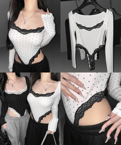 me+em select(ミームセレクト)の「ドットカットアウトレースポイントボディスーツトップス /dot cutout lace point bodysuit tops(Tシャツ/カットソー・レディース・ブラック/ホワイト・FREE)」の6枚目の写真