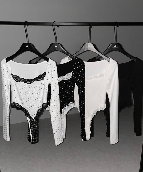 me+em select(ミームセレクト)の「ドットカットアウトレースポイントボディスーツトップス /dot cutout lace point bodysuit tops(Tシャツ/カットソー・レディース・ブラック/ホワイト・FREE)」の11枚目の写真