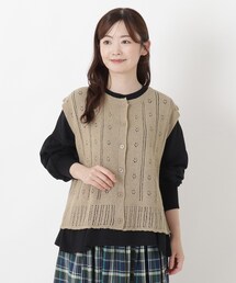 綿タッチ クルーネック透かし柄編みベスト