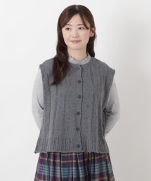 綿タッチ クルーネック透かし柄編みベスト