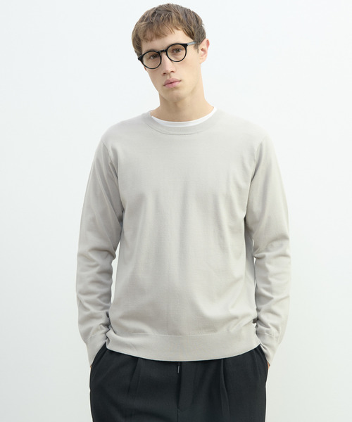 MEN'S MELROSE(メンズメルローズ)の「PBTスムースハイゲージプレーティングクルーネックニット | ウォッシャブル(ニット/セーター・メンズ・ブラウン/グレー/ブラック/グレイッシュベージュ・2/3/4)」の1枚目の写真