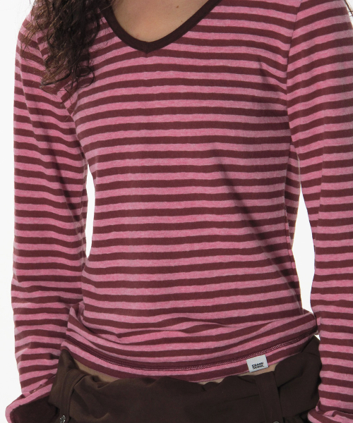 CRANK（クランク）の「コージーストライプVネックトップス_ピンク（Tシャツ/カットソー・レディース・その他・FREE）」の3枚目の写真